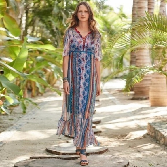 Sundance Dresses & Skirts - Sundance Dream In Color Blue Boho Sheer Western Patterned Maxi Dress sz M